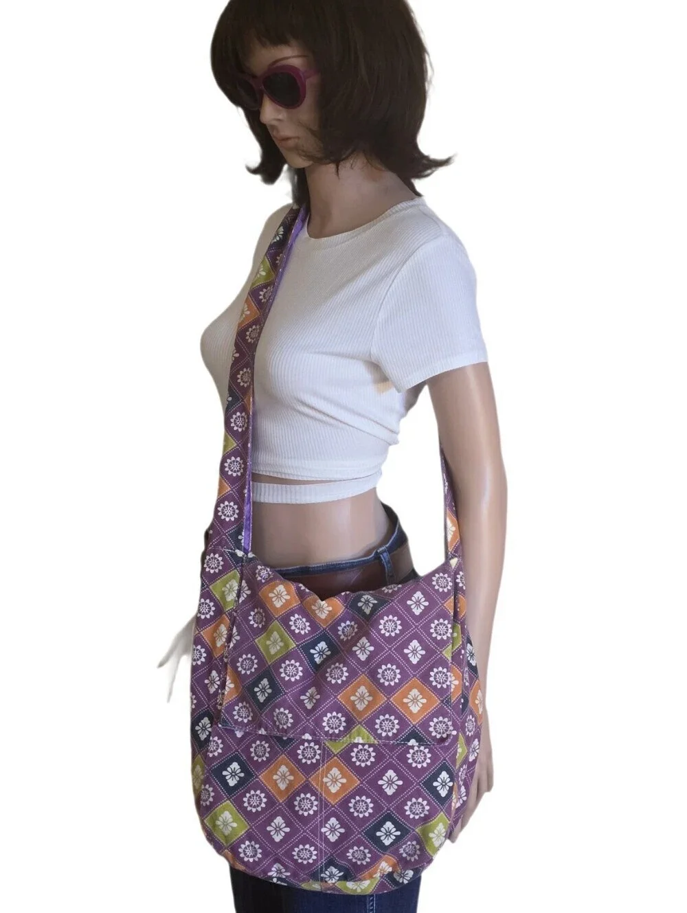 VTG Purple Floral Geometric Hobo Sling Bag TVD Caroline Forbes Wardrobe Match!